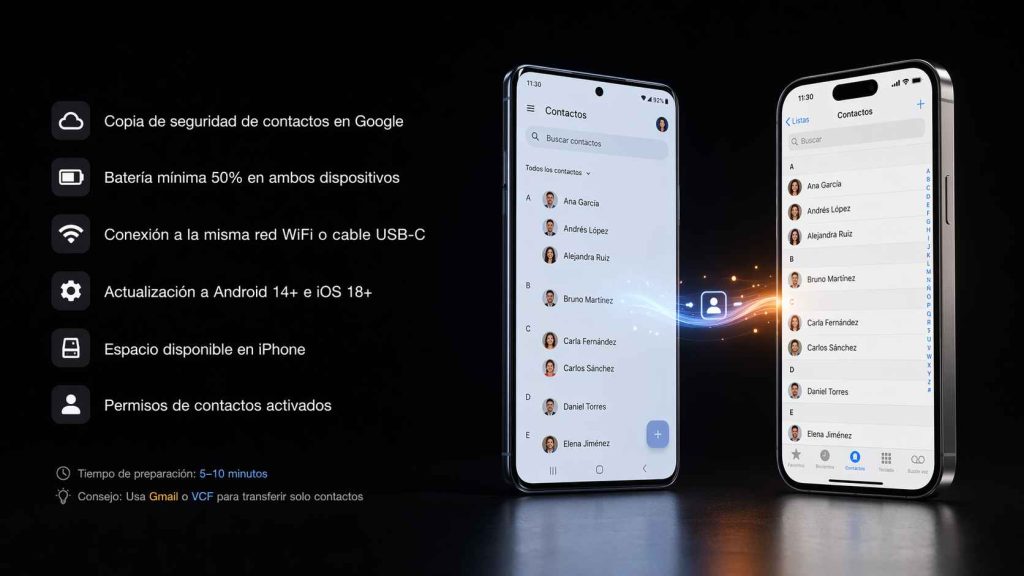 Cómo pasar contactos de android a iphone 13, iPhone 15, iPhone 14 Pro Max o iPhone 17