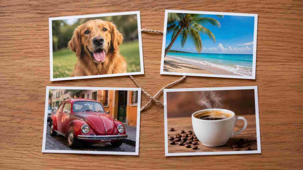 Cuatro fotografías genéricas conectadas por un concepto en común, representando el juego de adivinar palabras