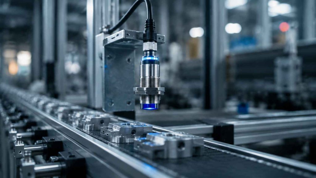 Sensor industrial inductivo instalado sobre una banda transportadora en una fábrica moderna