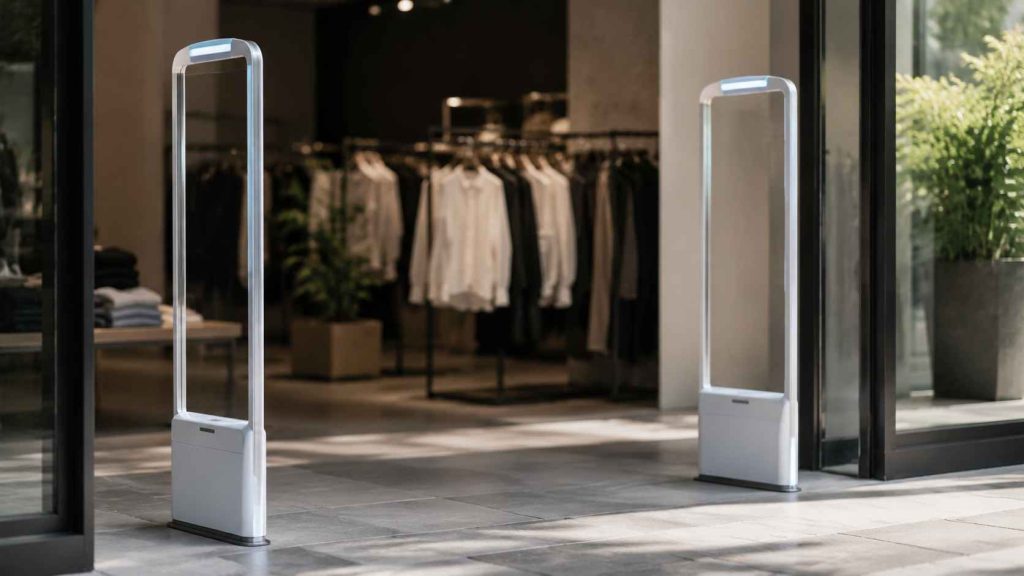Sensores de seguridad para tiendas tipo antena EAS instalados en la entrada de un local comercial