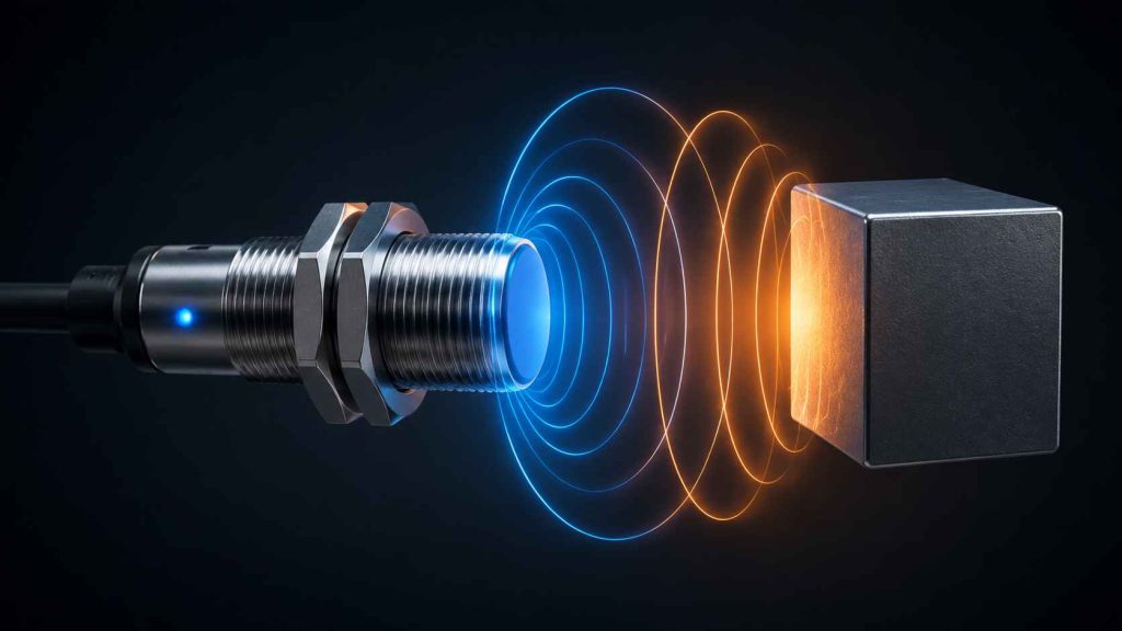 Diagrama de un sensor inductivo detectando un objeto metálico mediante campo electromagnético