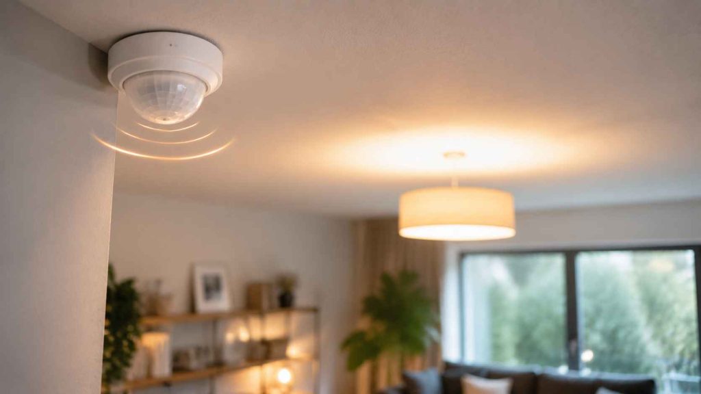 Sensor de movimiento instalado en el techo activando la luz automática en una sala moderna