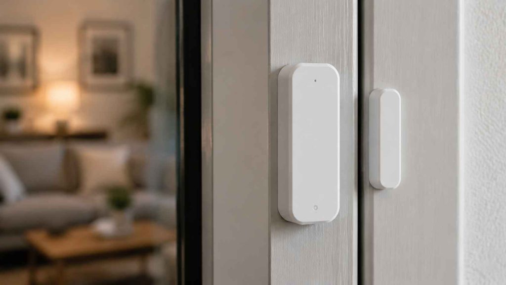 Sensor de seguridad para puertas tipo magnético instalado en el marco de una puerta
