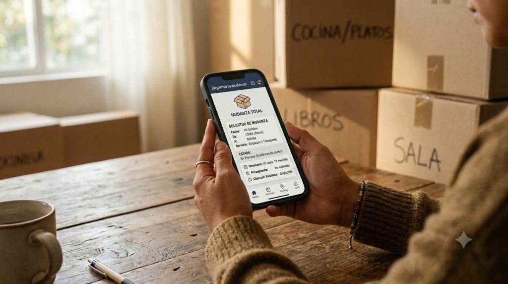 Mujer solicitando cambio de domicilio izzi desde la app en su celular con cajas de mudanza de fondo
