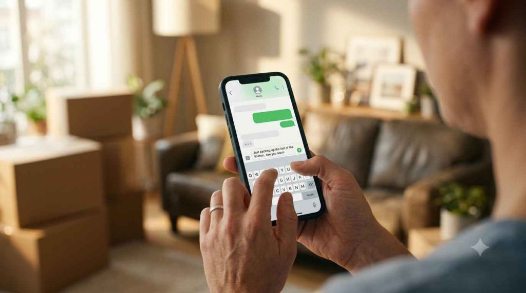 Persona escribiendo por WhatsApp para solicitar cambio de domicilio izzi desde su smartphone
