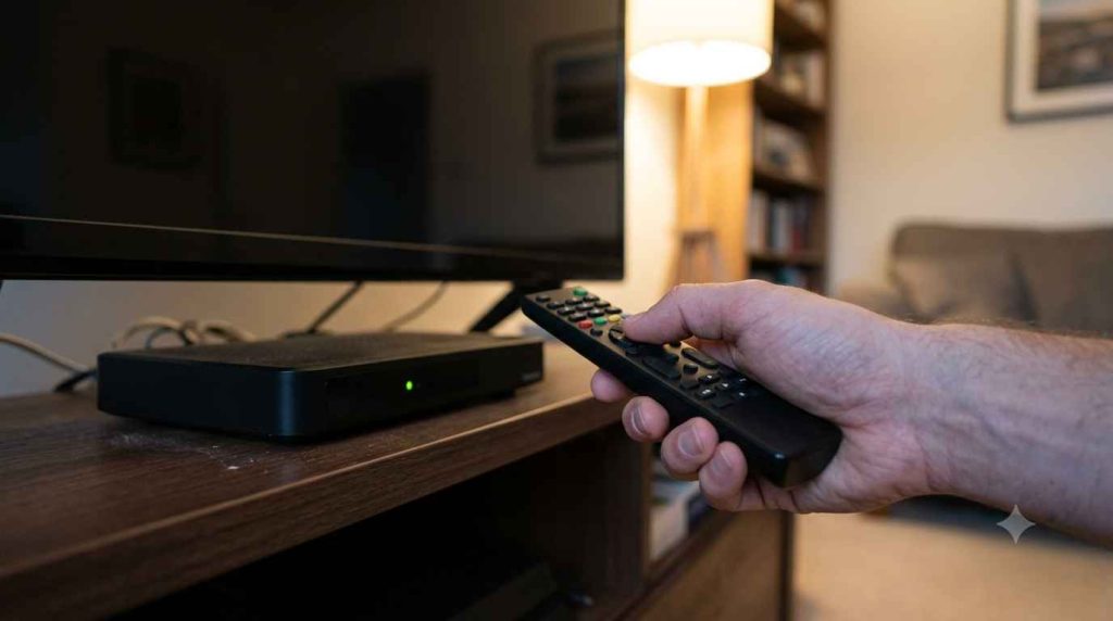 Persona sincronizando su control remoto con el decodificador de TV por cable