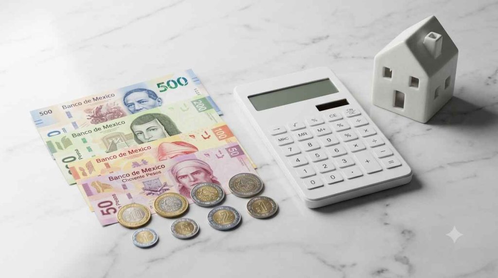 Pesos mexicanos y calculadora representando el costo del cambio de domicilio izzi