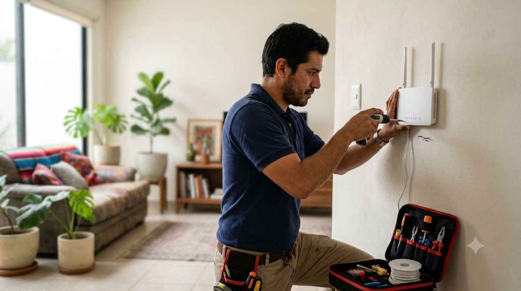 Técnico instalando el módem tras un cambio de domicilio izzi en una casa nueva