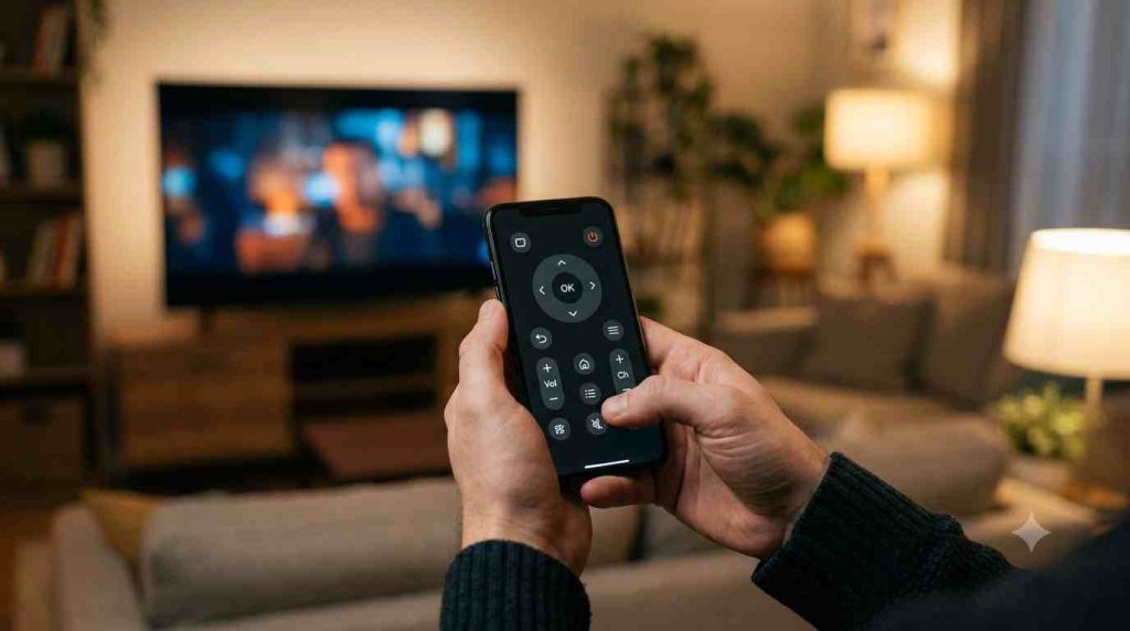 Persona usando su smartphone como control remoto para su televisor