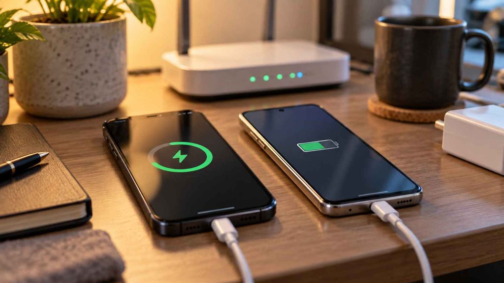Two smartphones charging before transferring data with Wi-Fi connection ready