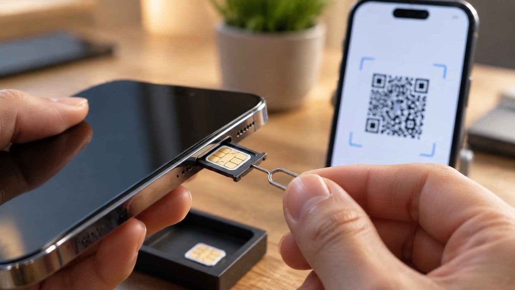 Person inserting SIM card into smartphone while activating eSIM transfer